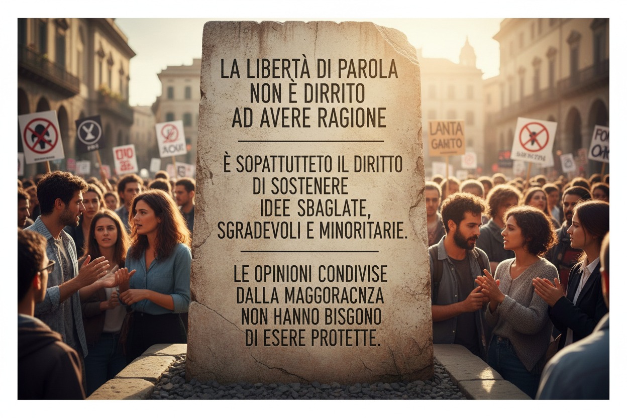 Una folla di persone circonda un grande blocco di pietra su cui è incisa una riflessione sulla libertà di parola.