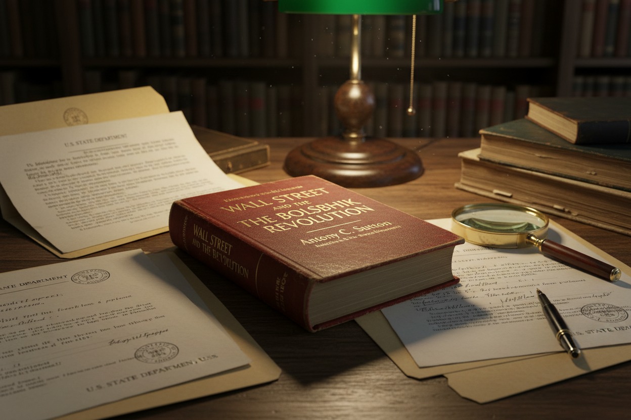 Una scrivania in legno con libri antichi, documenti ufficiali sparsi e una lampada da studio accesa.