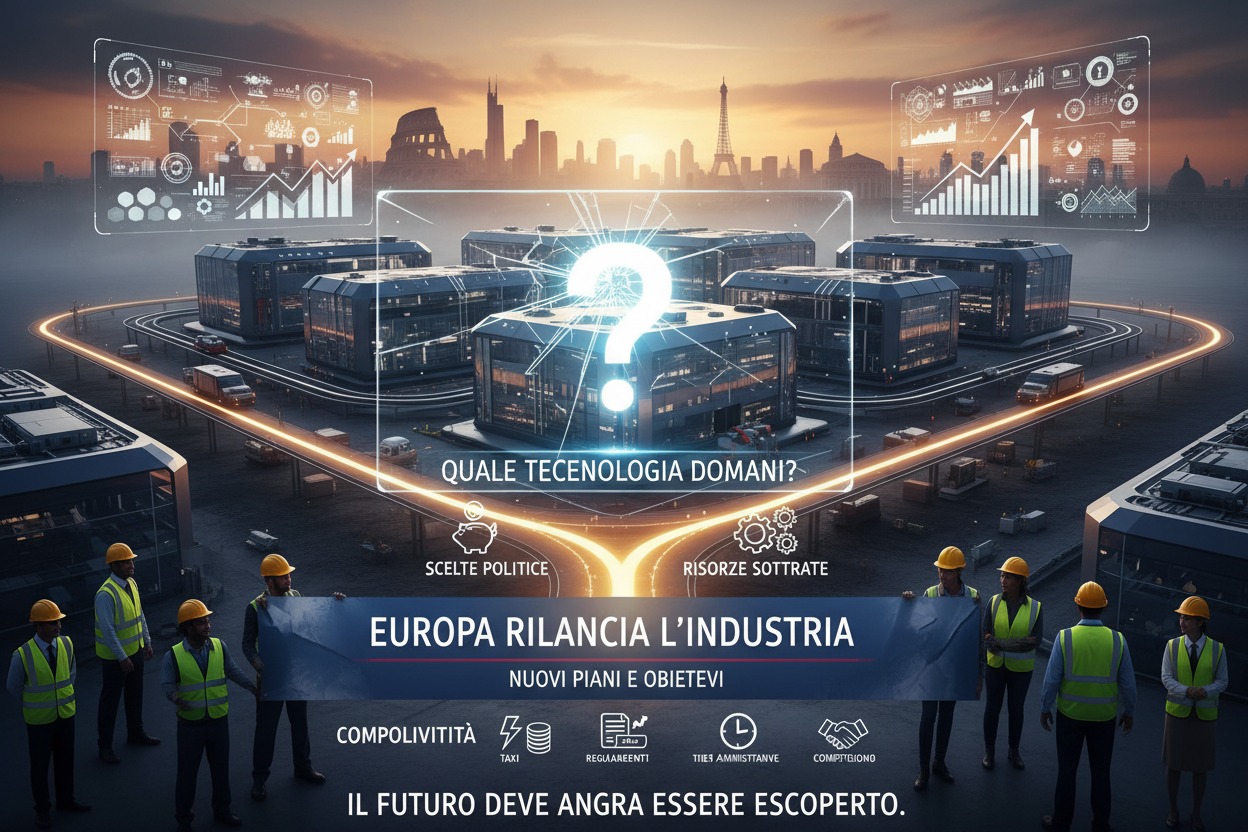 Un'illustrazione futuristica mostra un centro logistico e industriale con grafici e dati fluttuanti sullo sfondo di uno skyline europeo, con operai in primo piano e il testo "Europa Rilancia L'Industria".