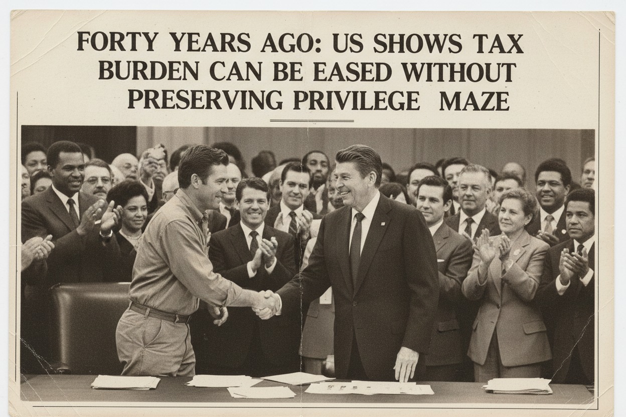Una fotografia in bianco e nero mostra Ronald Reagan che stringe la mano a un uomo davanti a una folla di persone sorridenti, con il titolo in inglese "Forty years ago: US shows tax burden can be eased without preserving privilege maze".