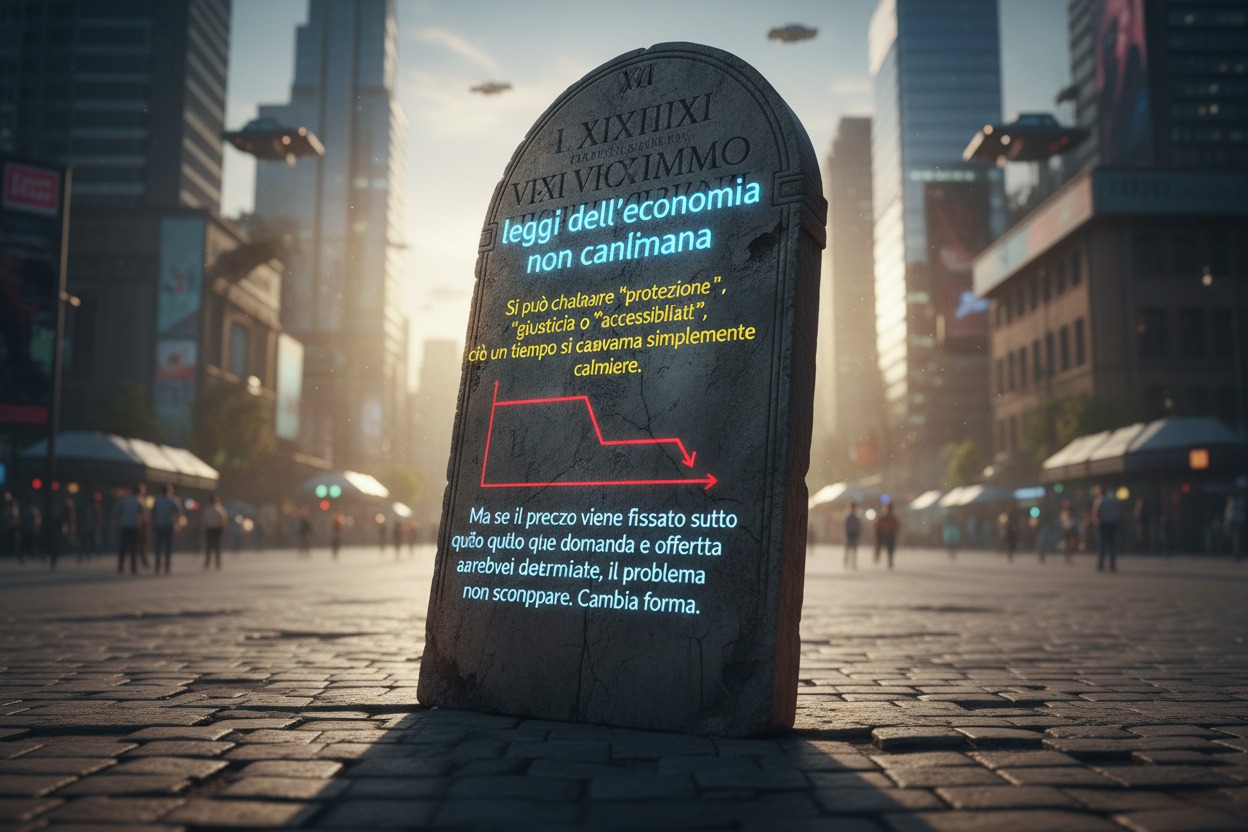 Una lapide in pietra con iscrizioni al neon si erge su una strada cittadina futuristica pavimentata a sampietrini.