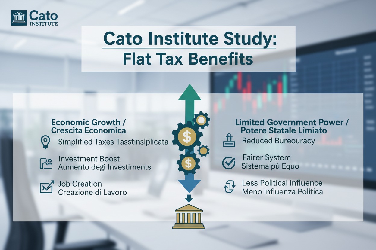 Un'infografica del Cato Institute illustra i benefici della flat tax, tra cui crescita economica e limitazione del potere statale.