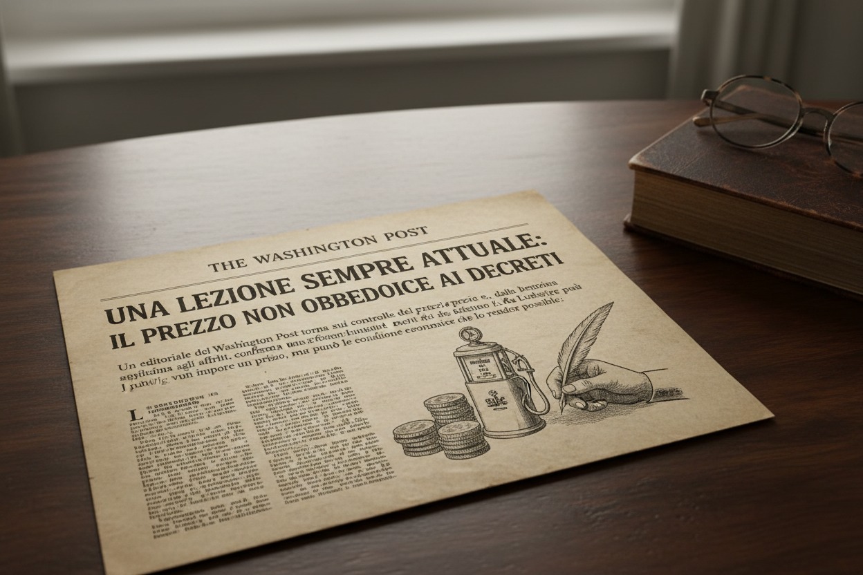 Un vecchio articolo di giornale intitolato "Una lezione sempre attuale: il prezzo non obbedisce ai decreti" poggia su una scrivania in legno accanto a un libro e un paio di occhiali.